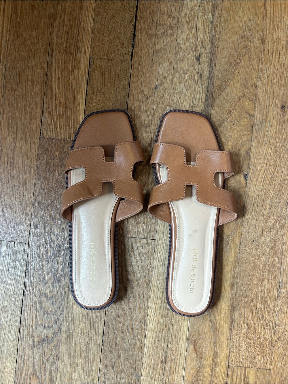 Madden Girl Cognac H-Style Slide Sandals. Size 8.5